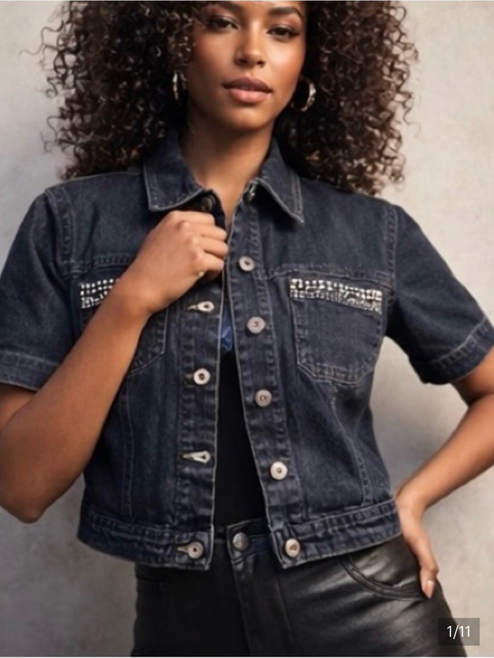 Chico's denim short sleeve jacket with rhinestone-studded pocket size 1